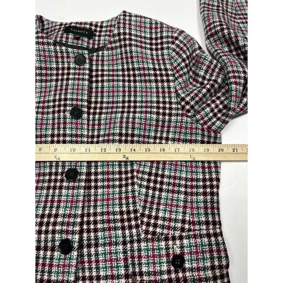 Talbots Blazer Womens 14 Pink Green Blue Houndstooth Collarless Wool Pockets - Picture 8 of 12
